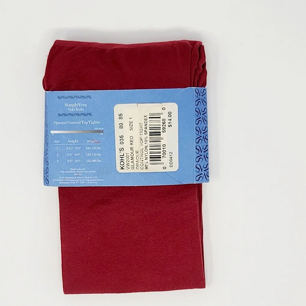 Simply Vera Vera Wang Opaque Control Top Tights Womens Sz 1 Red Made in USA NEW